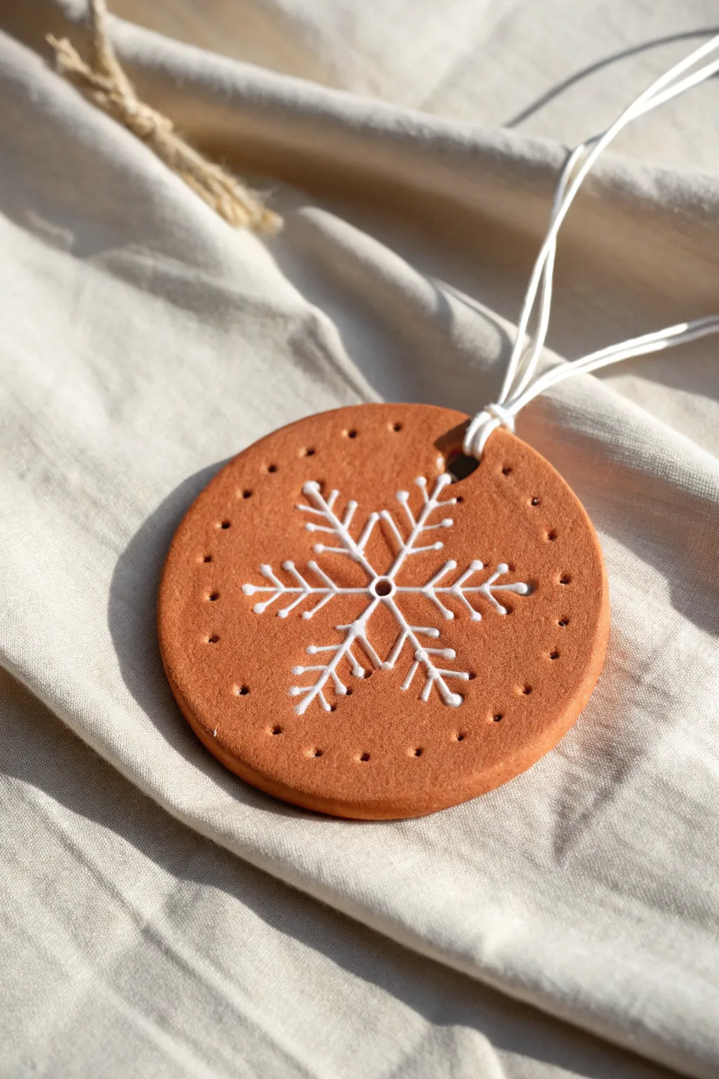 Cute stitched snowflake clay ornament in warm terracotta, perfect for minimalist boho holidays.