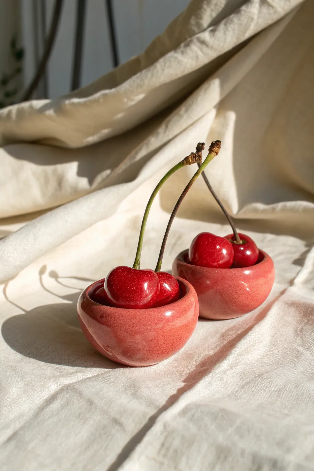 Sweet cherry twin pinch pots in bold red, a simple handmade duo for snacks, beads, or trinkets.