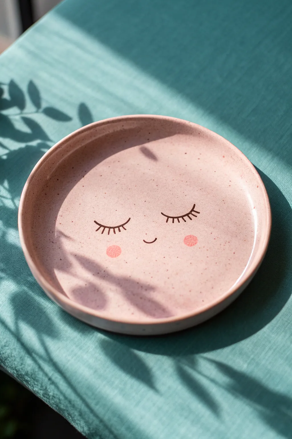 Soft pastel sleepy face clay plate with rosy cheeks, minimalist Scandinavian charm and cozy contrast.
