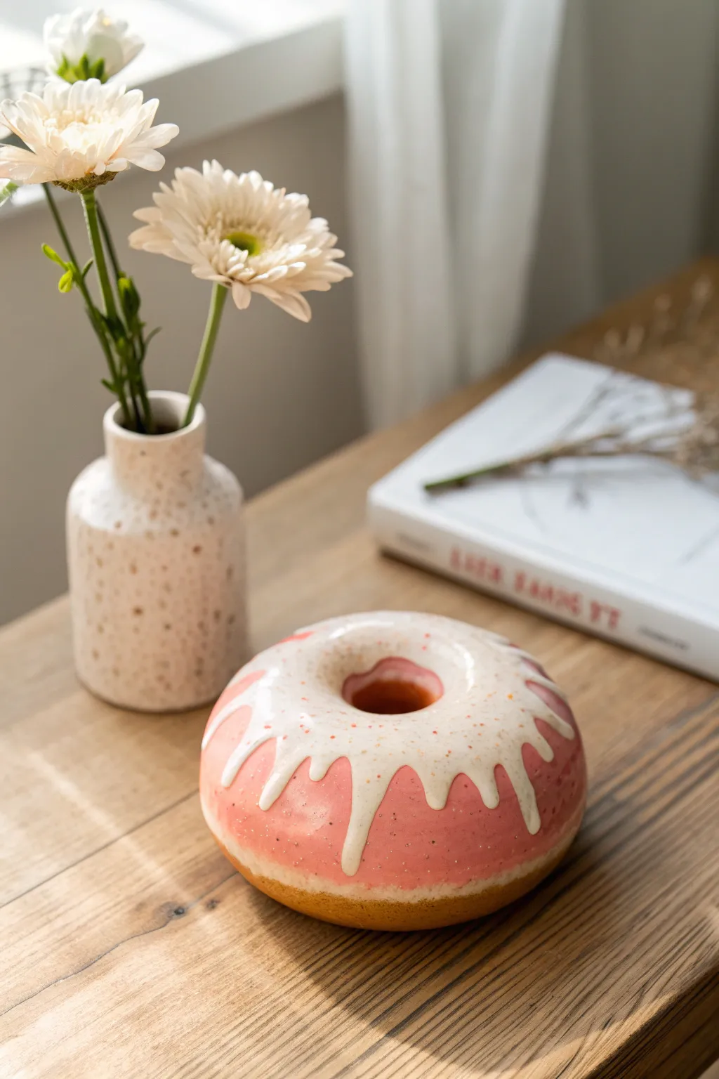 Playful donut bud vase with pastel icing drips, perfect for one stem and a cute desk moment.