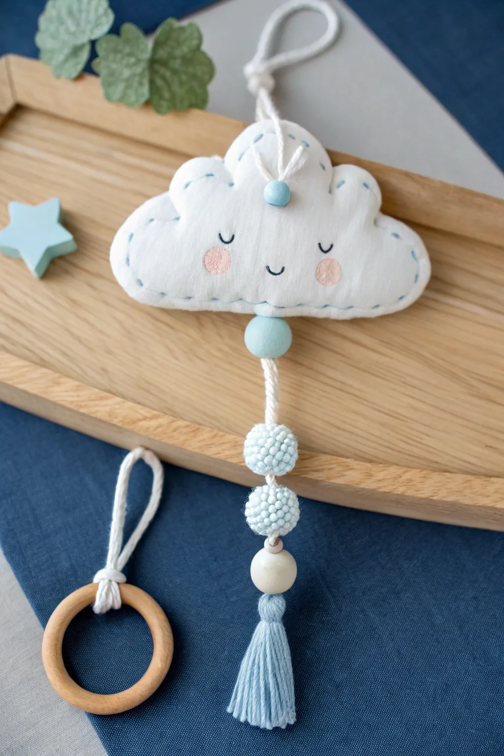 Pale blue and white cloud rattle with sweet raindrops, minimalist boho style and cozy contrast.