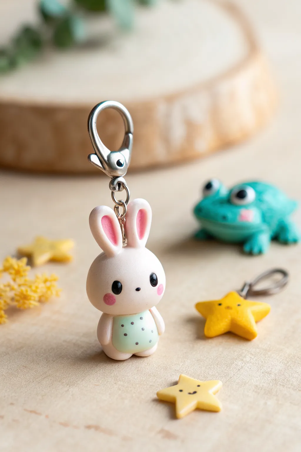 Mini charm critters with loop tops: easy clay bunny, frog, and star in bold Nordic colors