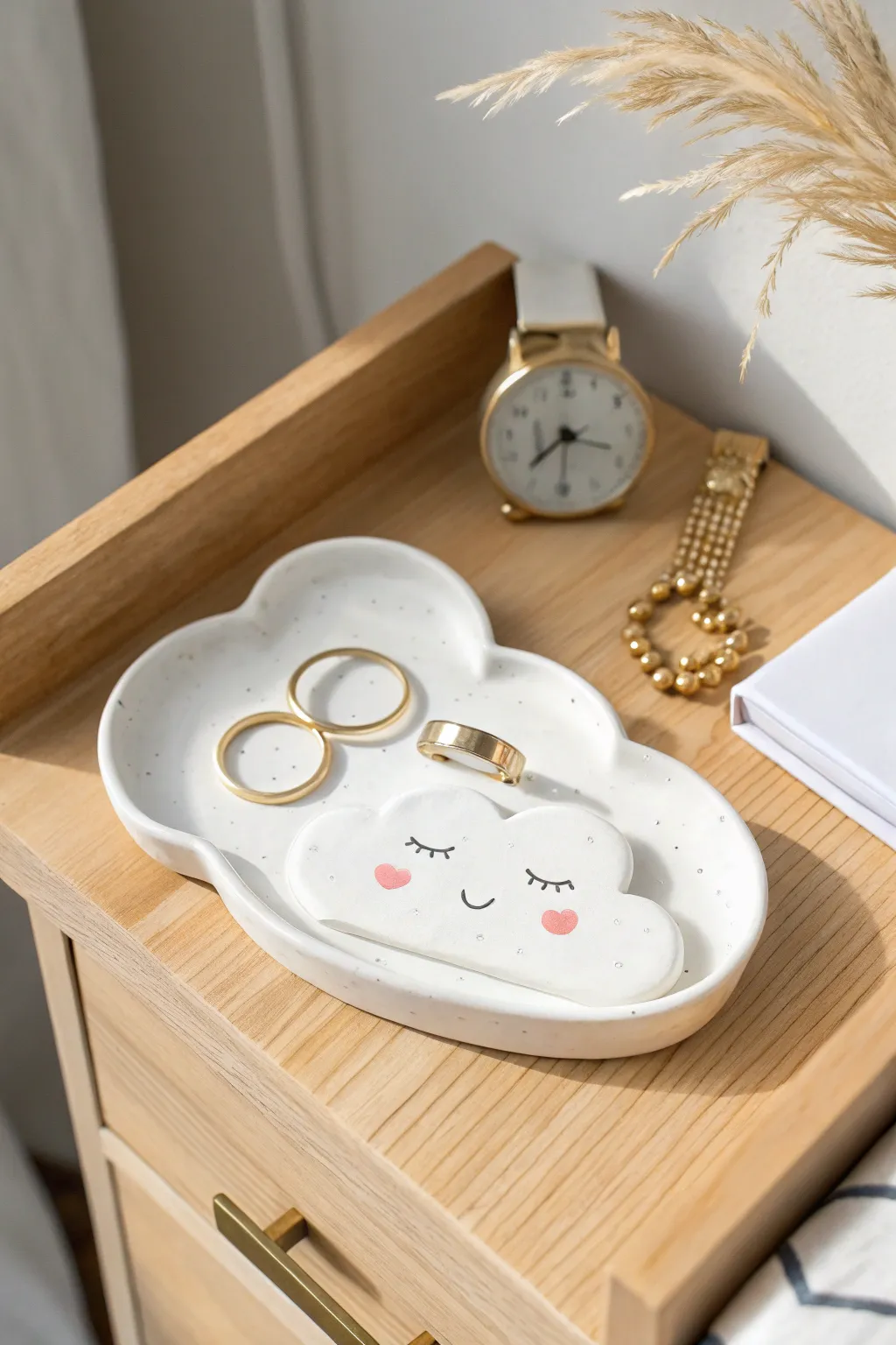 Puffy cloud clay tray with blush cheeks, styled on a nightstand for rings and a watch.
