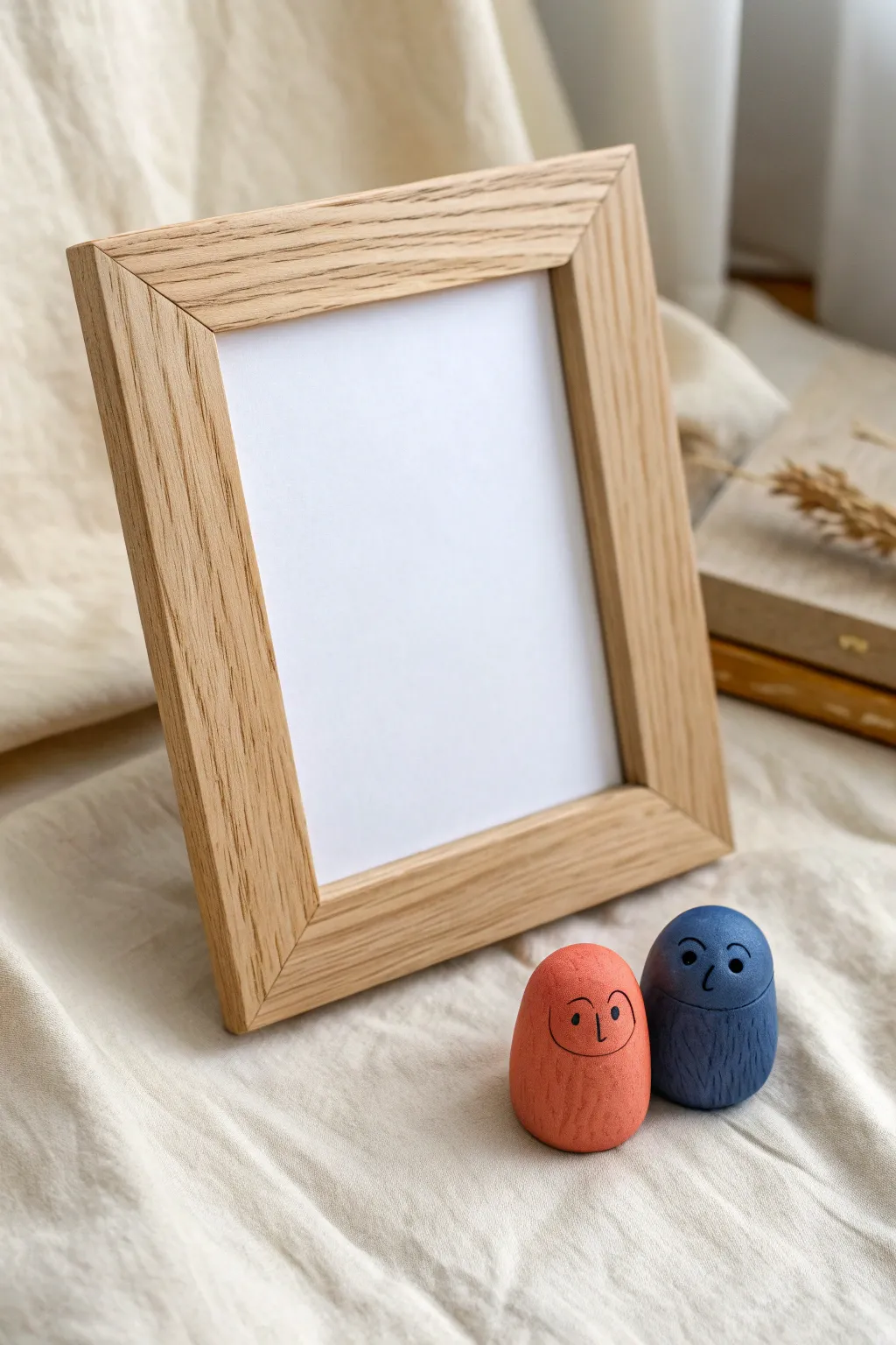 Cute couple clay corner characters on a minimalist frame, an easy DIY with bold color pop.