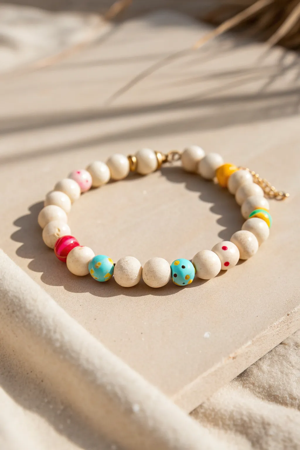 White clay bead bracelet with bright confetti pops for an easy, playful minimalist look