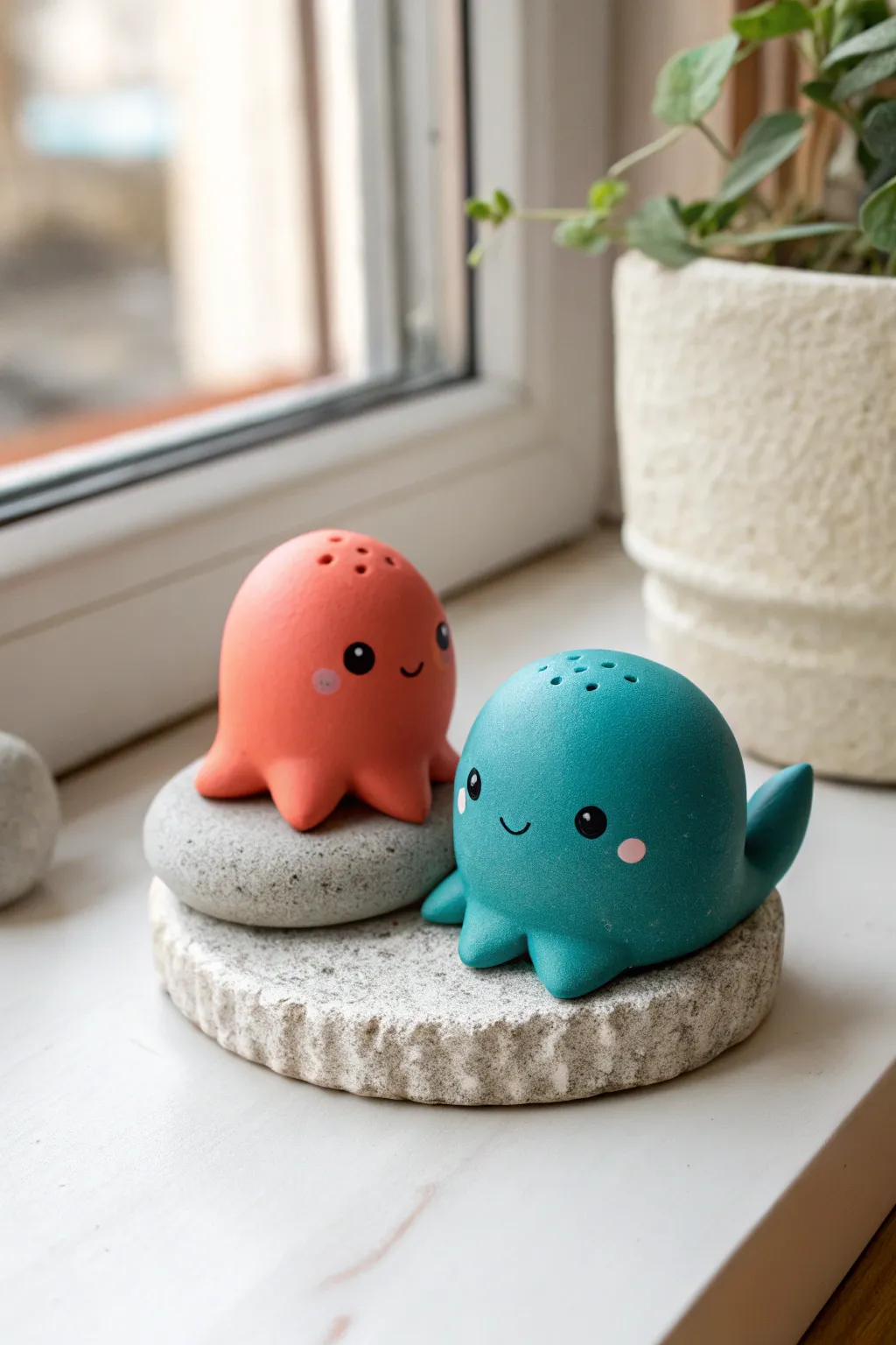 Chubby octopus and whale besties in bold boho colors, a perfect cute clay date idea