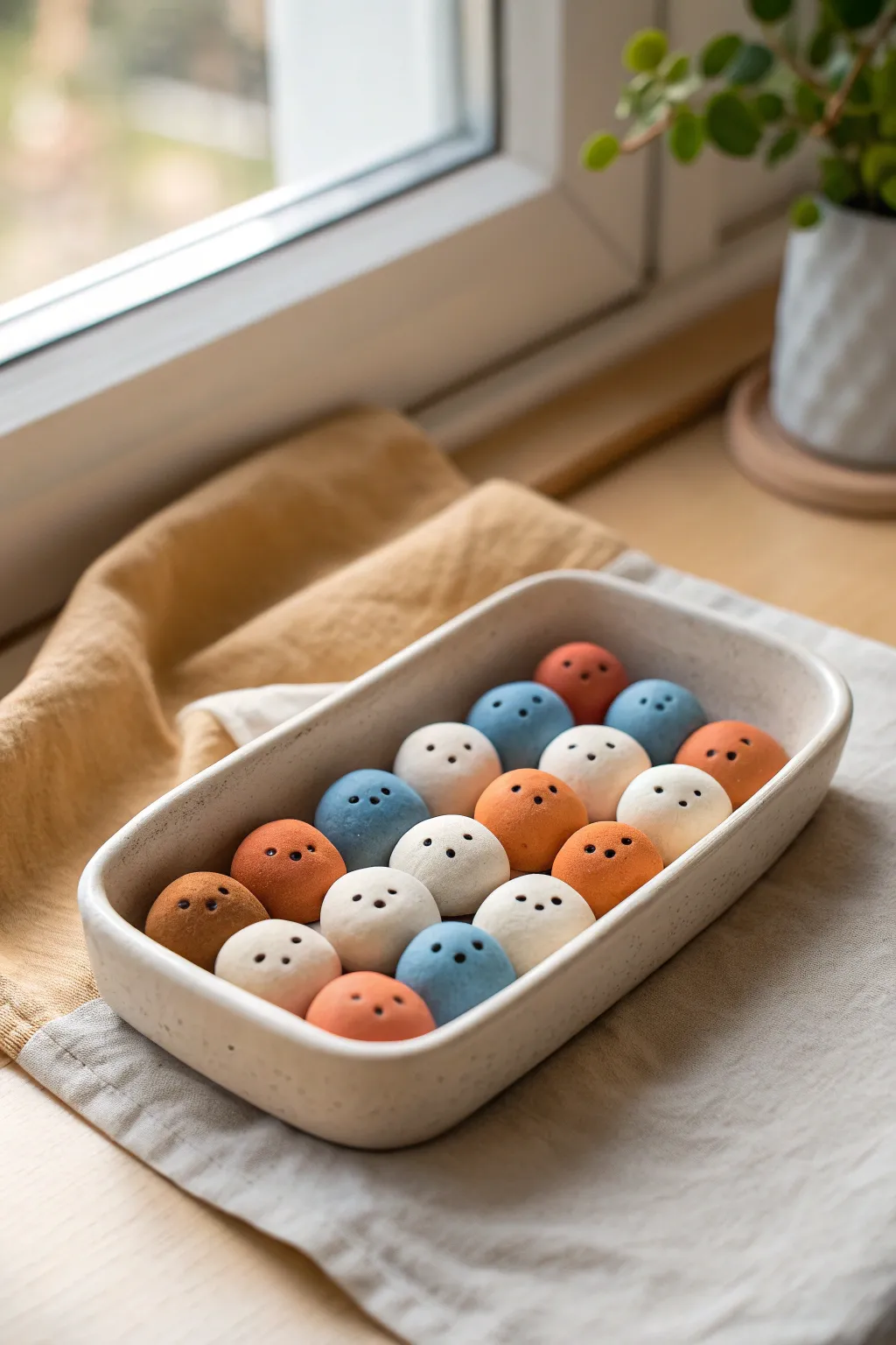 Batch of pillow-shaped mini clay friends in a minimalist tray, simple, cute, and colorful.