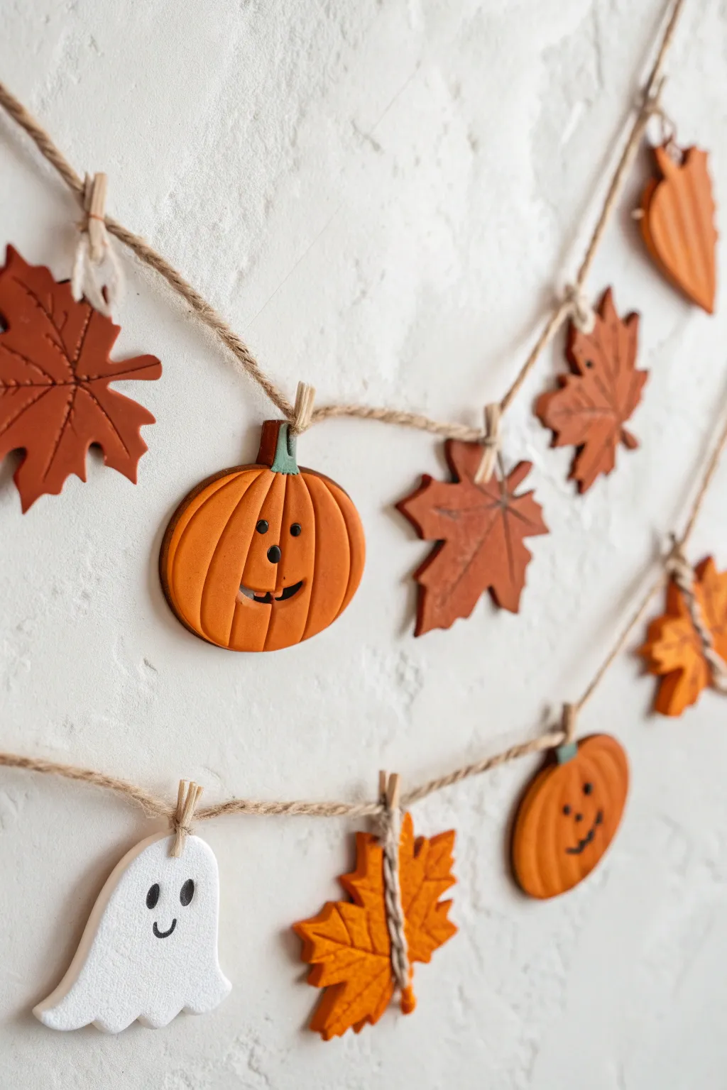 Sweet autumn clay tag garland with pumpkins, leaves, and ghosts for cozy minimalist decor