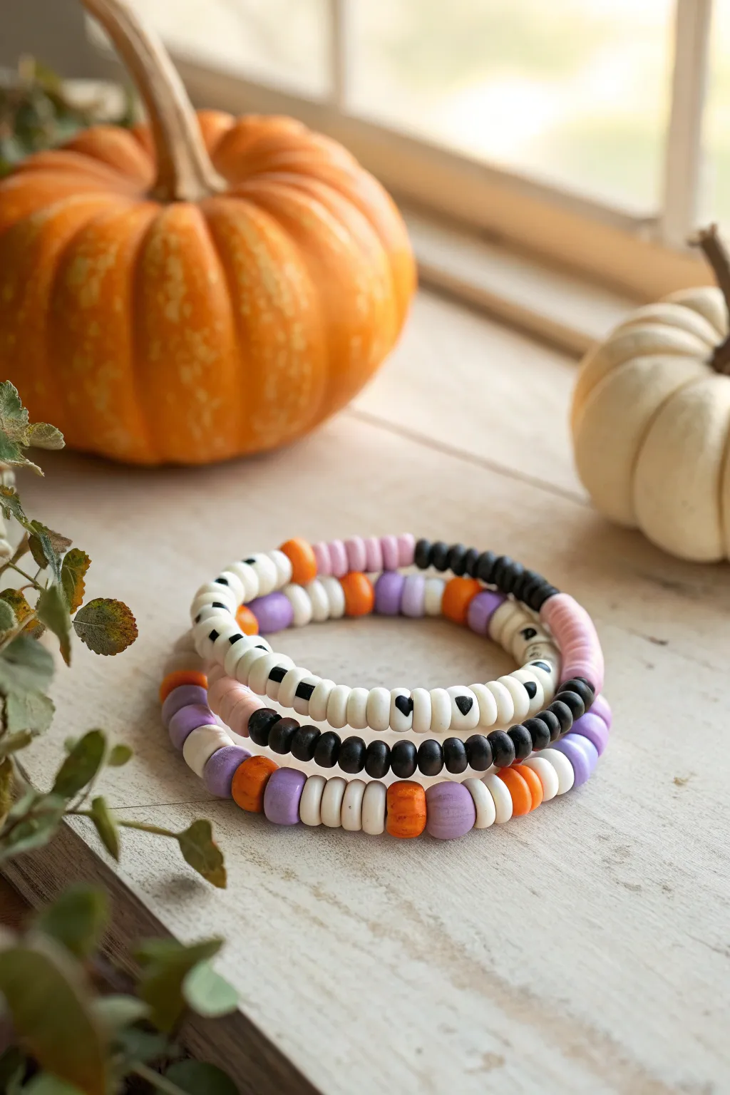 Pastel Halloween bracelet with tiny heart beads in orange, lilac, black, and white charm