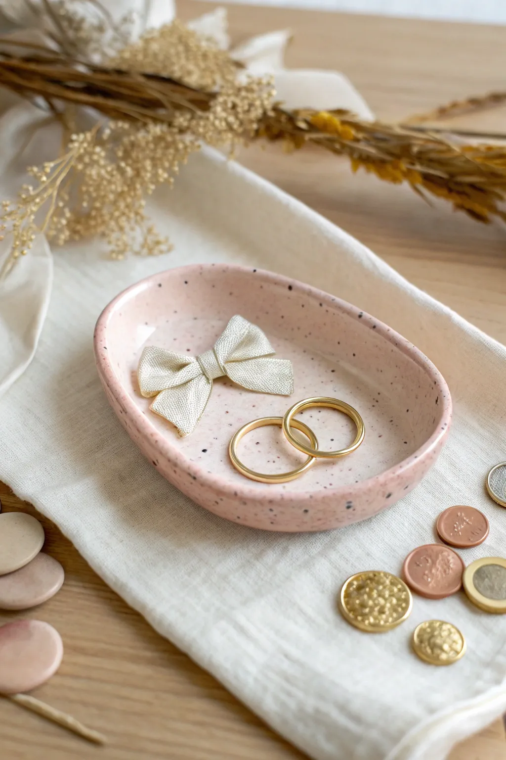 Sweet mini bow trinket tray in pastel glaze, perfect for earrings, rings, and tiny treasures.