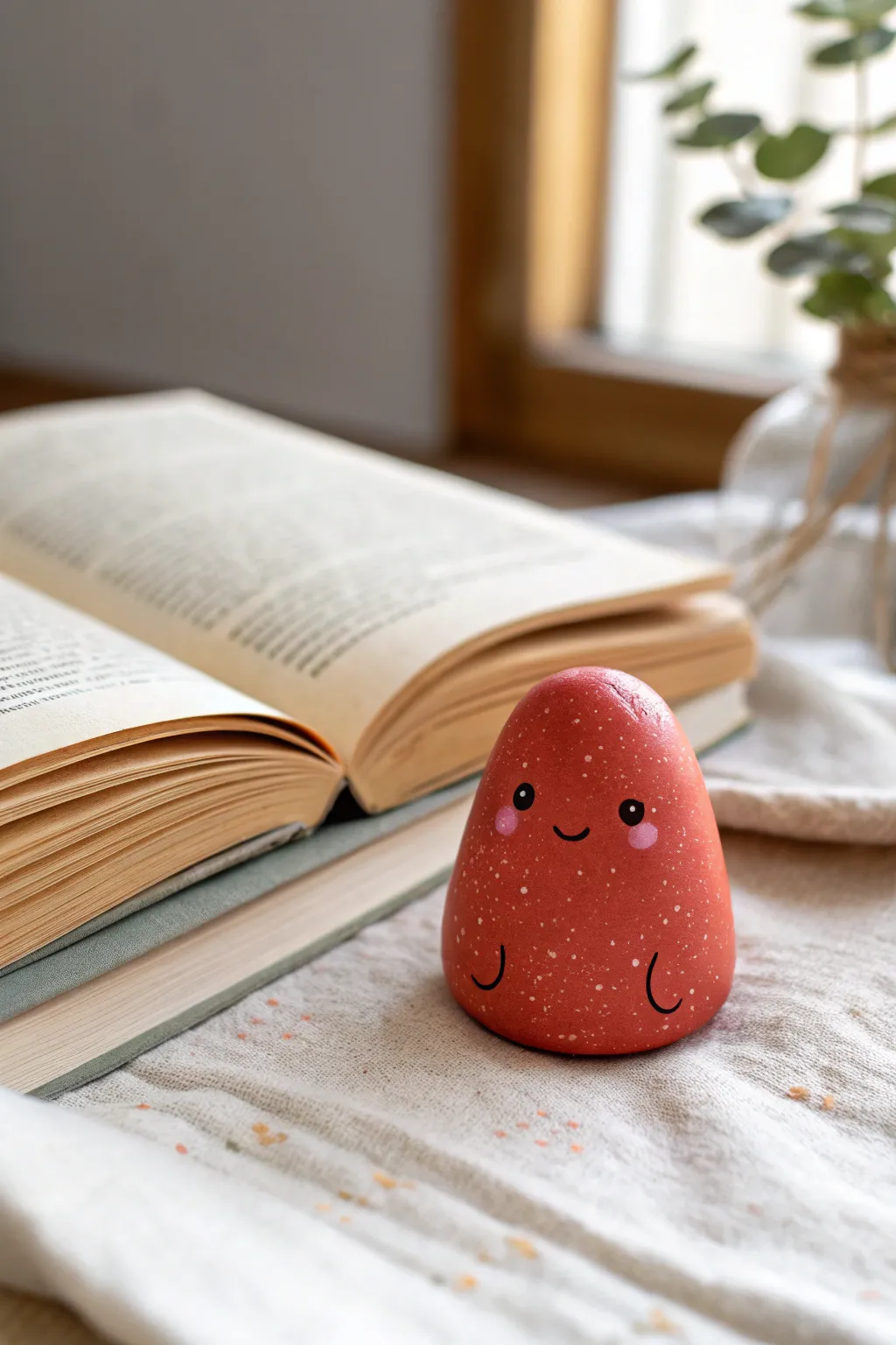 Kawaii clay thumb page holder with a tiny face, a cute functional detail for cozy reading nights