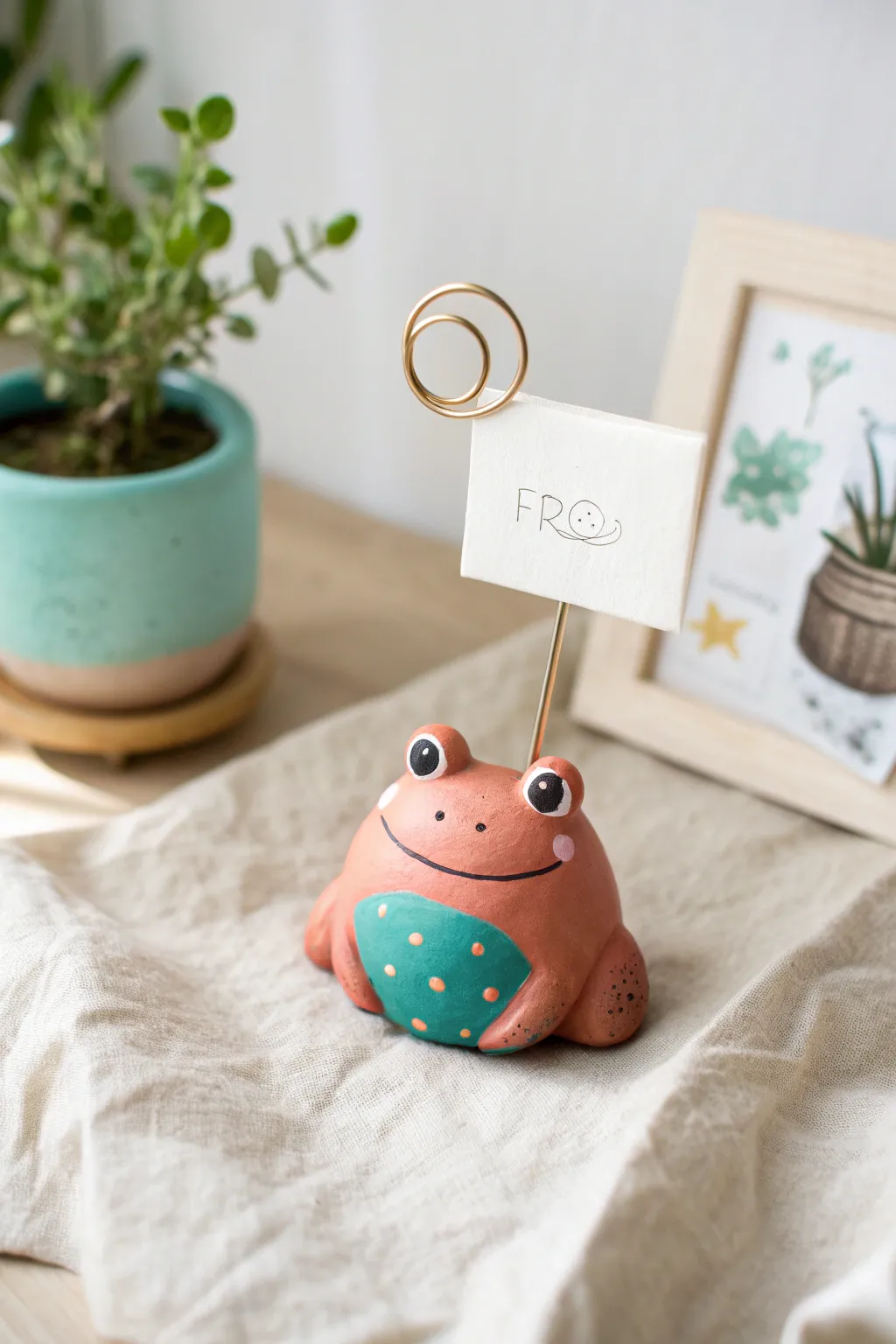 Make your desk smile with a tiny frog photo holder, minimalist boho vibes and bold color pop.