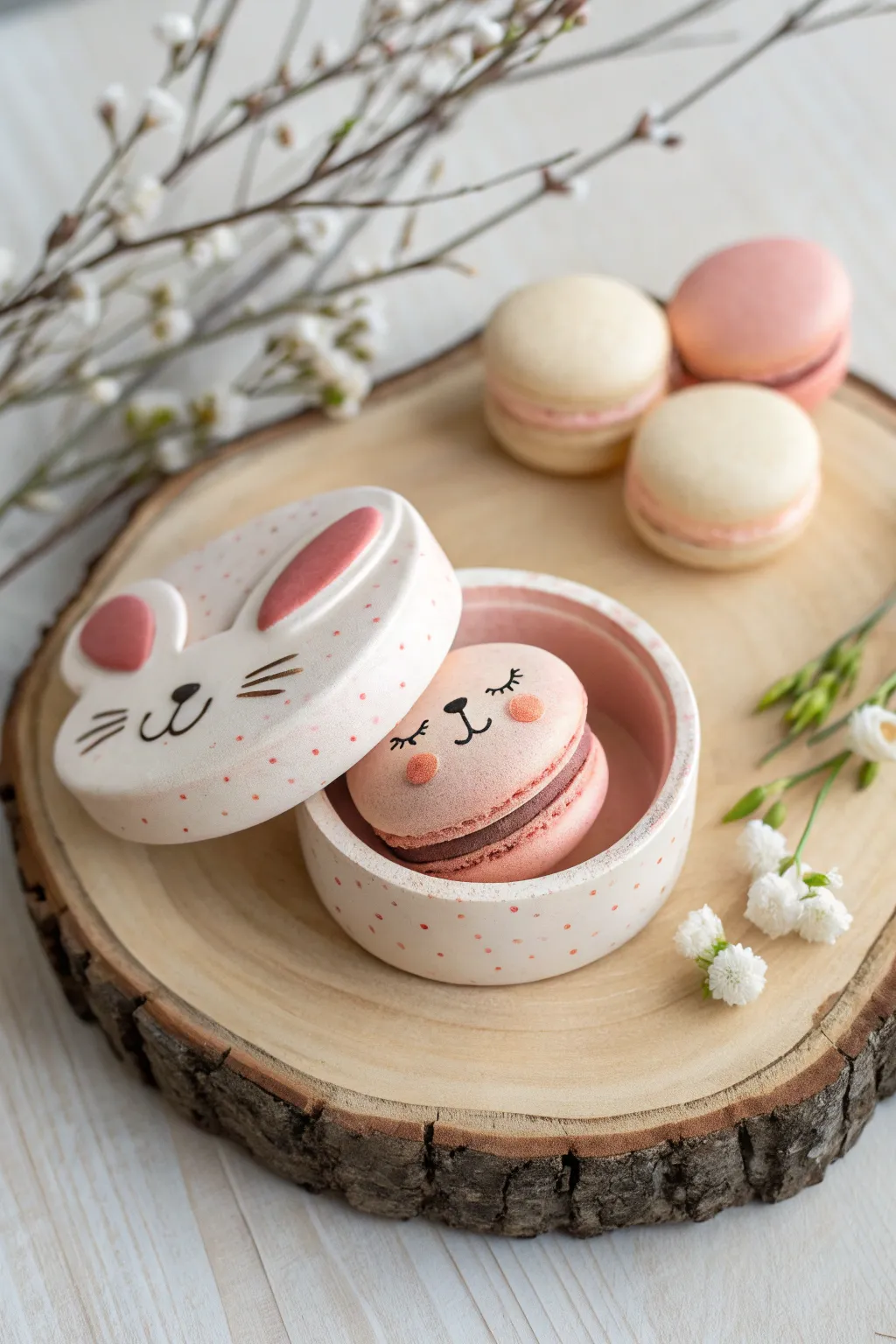 Adorable animal macaron trinket box, slightly open to reveal a sweet hidden surprise inside.