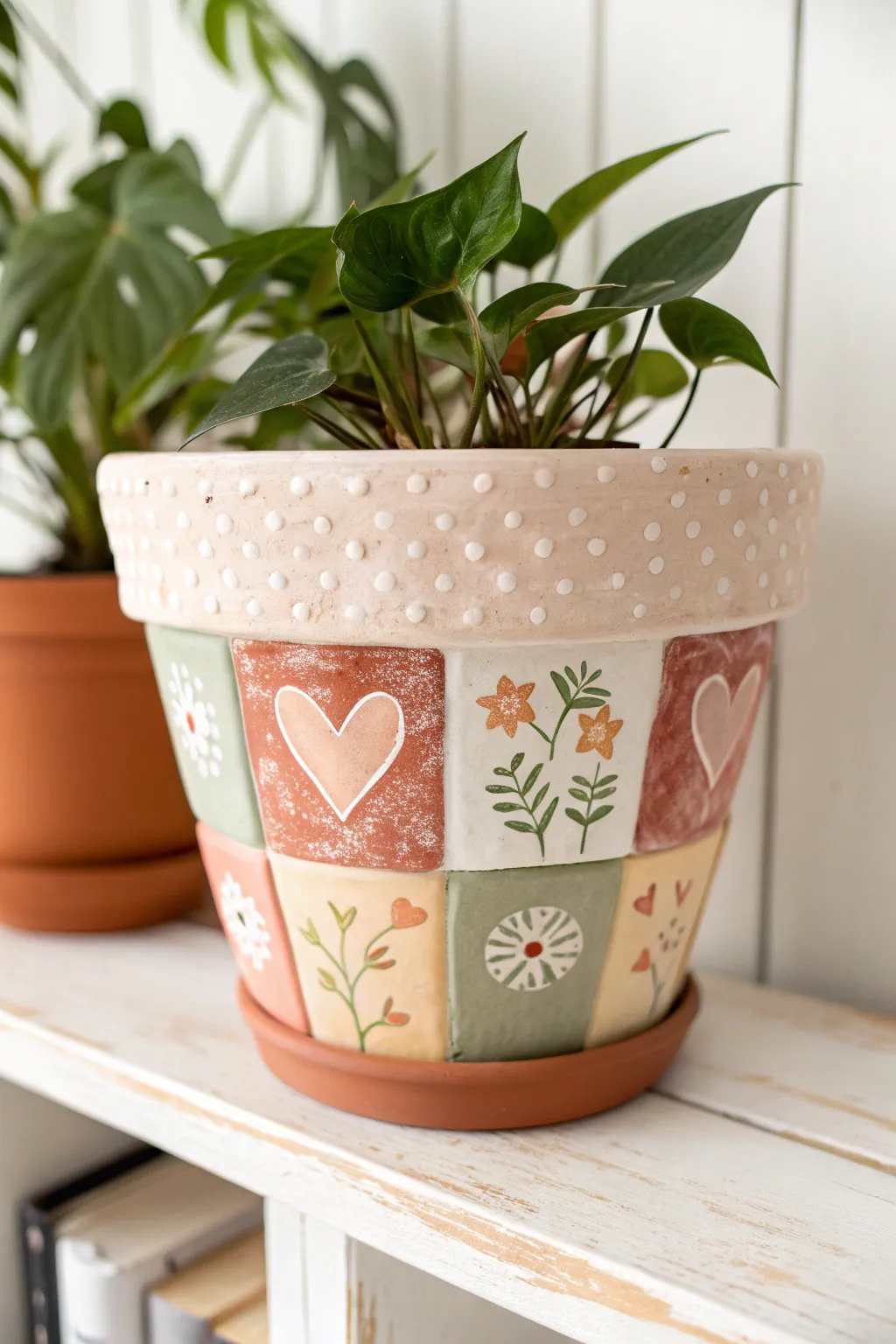 Patchwork quilt painted pot in cozy bold colors, a simple DIY look for charming plant decor.