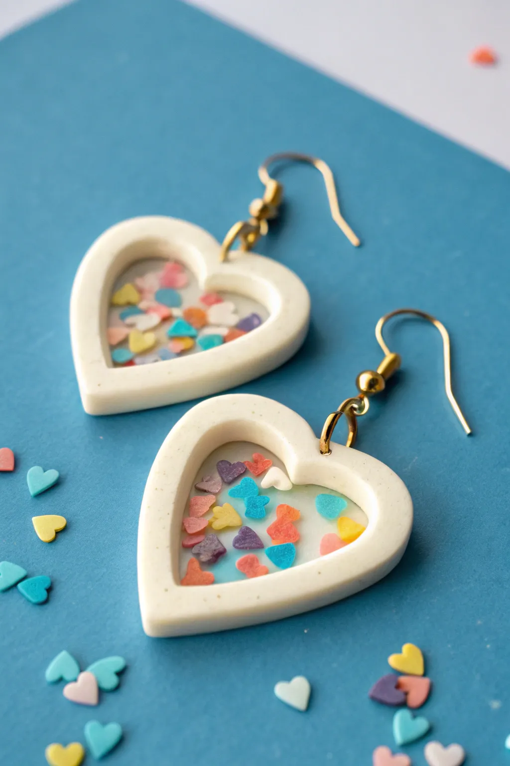 Playful shaker confetti polymer clay dangles with clear window pop on a bold backdrop