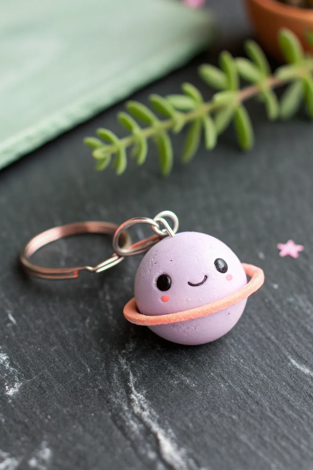 Sweet pastel planet charm with a simple Saturn ring and tiny face, styled on a dark backdrop.