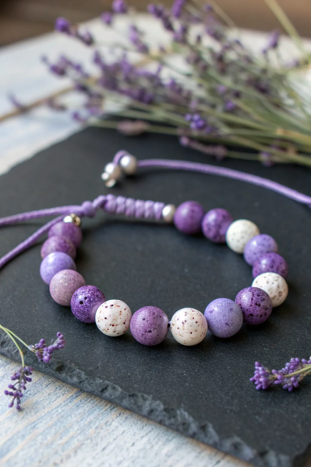 Galaxy purple clay bead bracelet with speckled accents, minimalist boho style and bold contrast