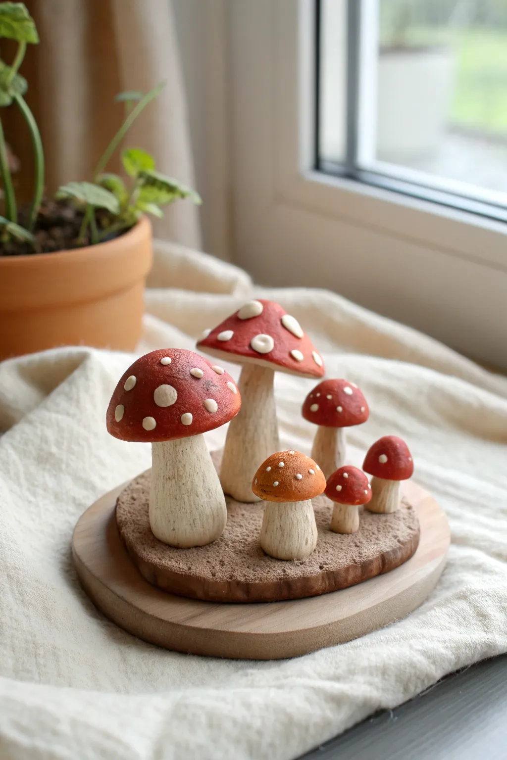 Tiny clay mushroom set in warm reds and creams, a sweet mini forest for your shelf decor