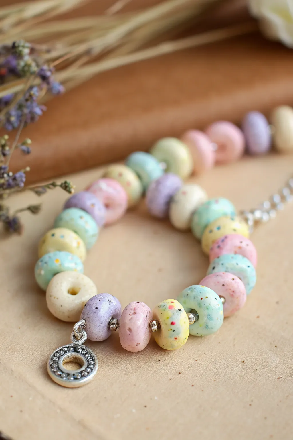 Teeny donut beads in dreamy pastel glaze, the sweetest handmade charm bracelet idea