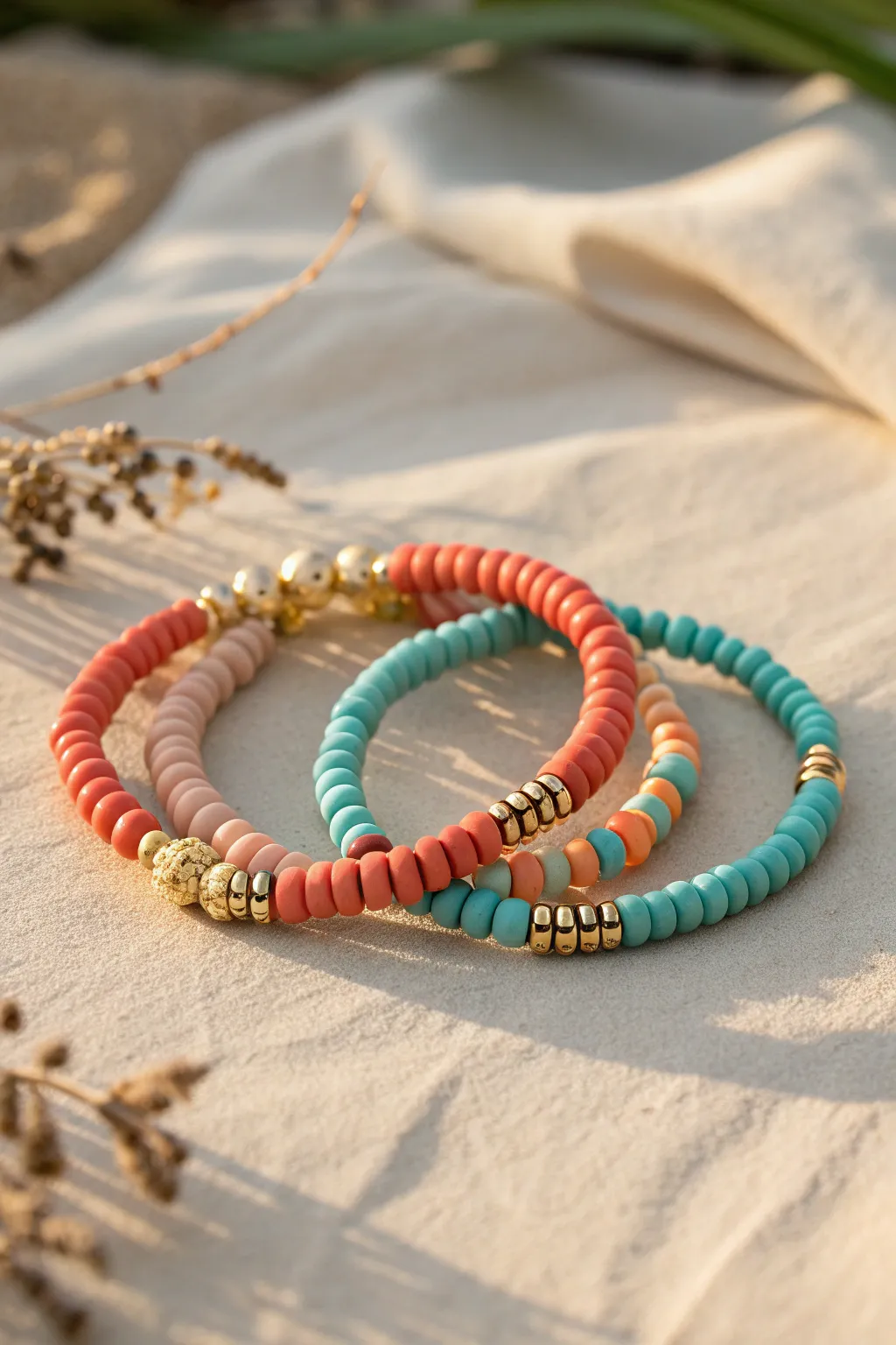 Mixed-texture summer stack with matte clay discs, pearly beads, and tiny gold spacers