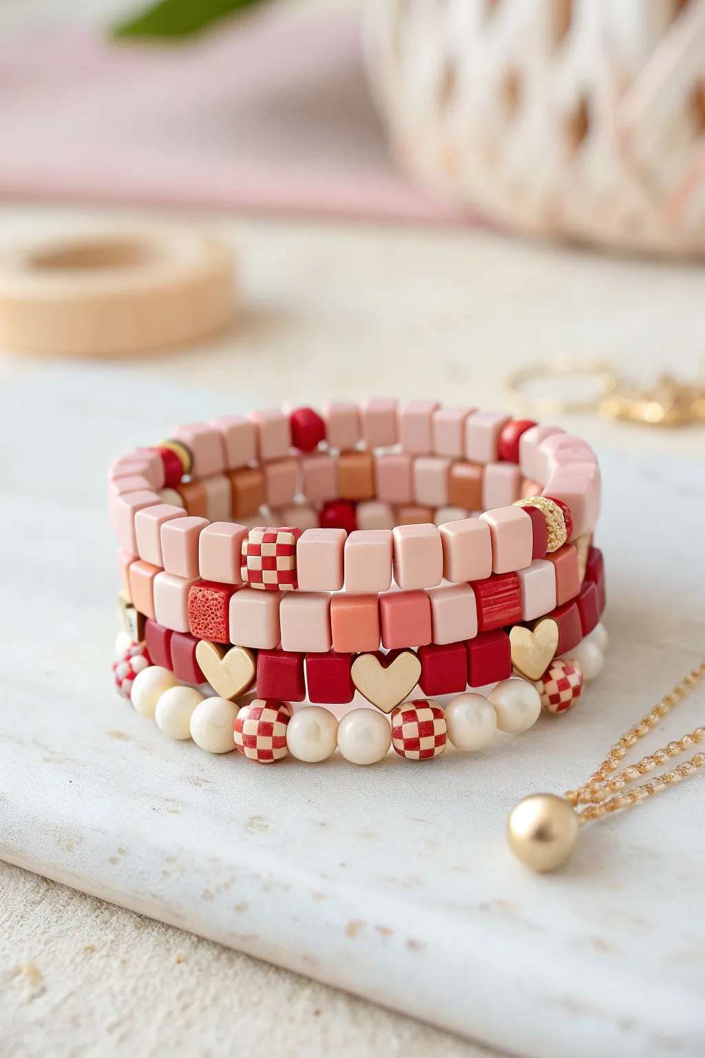 Heart checkerboard clay bead stack in blush and cherry red, finished look with a bold center heart.