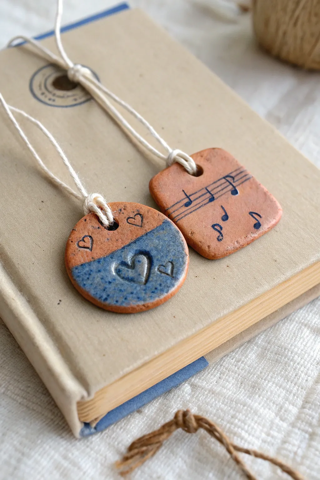 Mini clay ornament tags on twine, a sweet date night keepsake in modern Scandinavian style