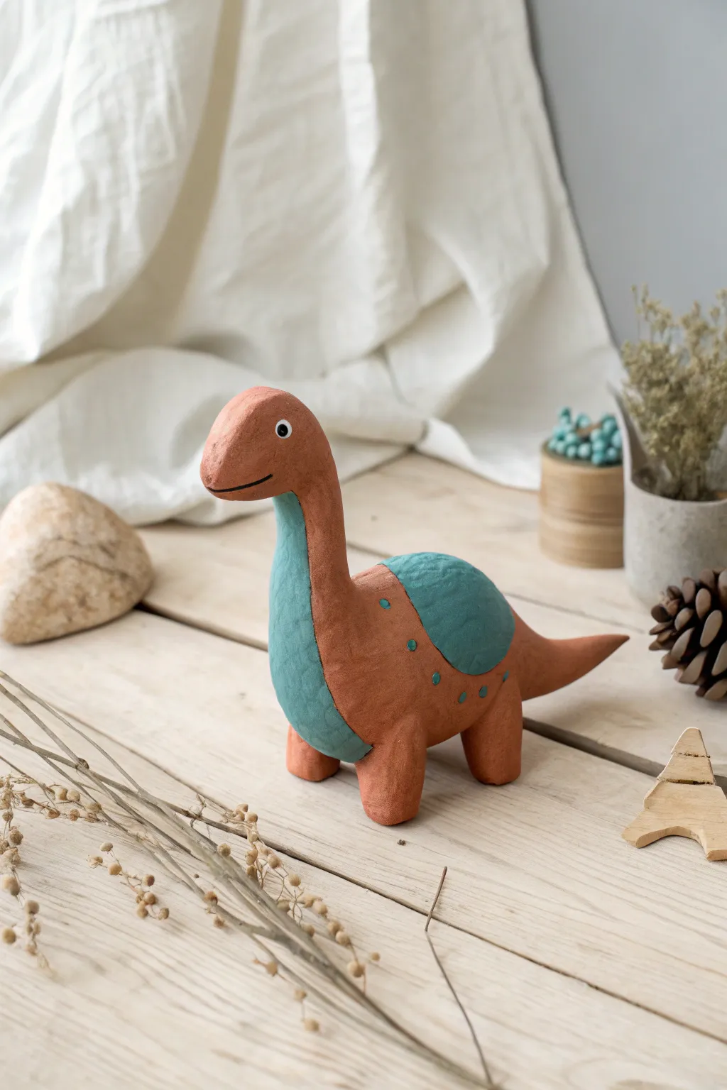 Stacked-shape clay dino in bold two-tone hues, perfect for practicing easy proportions.