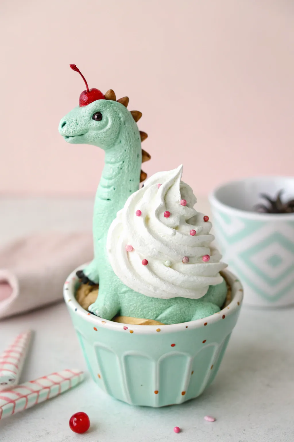Pastel dino sundae with whipped-cream swirl and a bright cherry top on a blush backdrop.