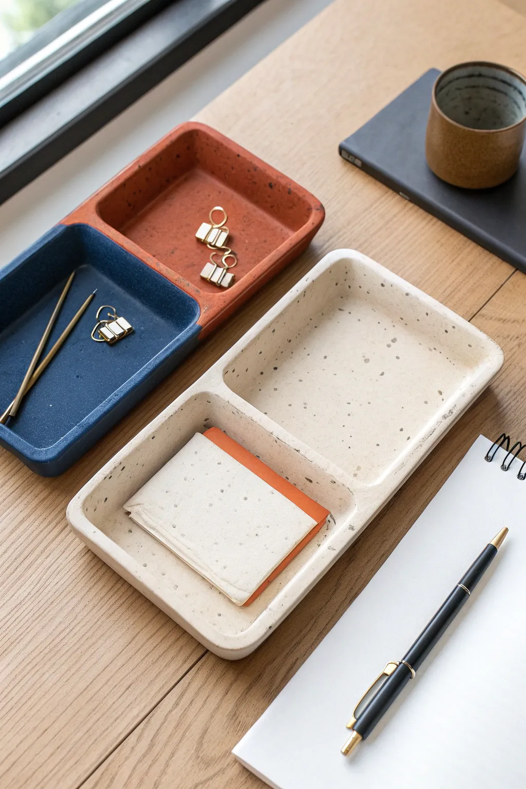 DIY air-dry clay tray set brings bold color and calm order to your modern desk.