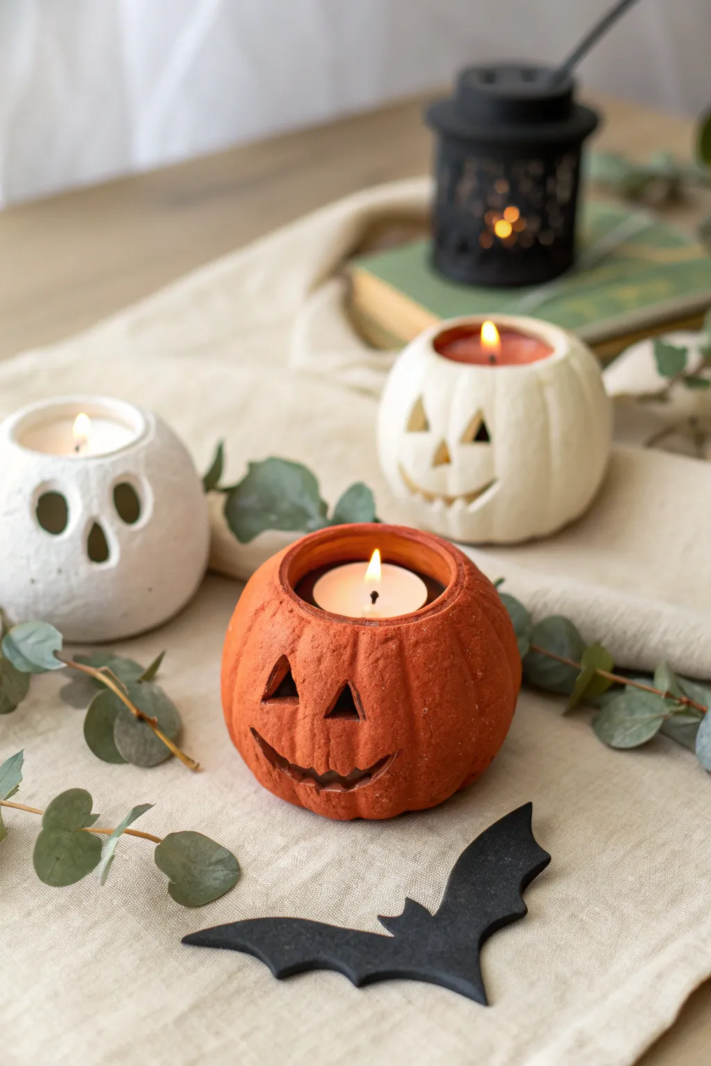 Spooky mini clay tea-light holders in pumpkin, ghost and bat shapes for a cozy Halloween glow.