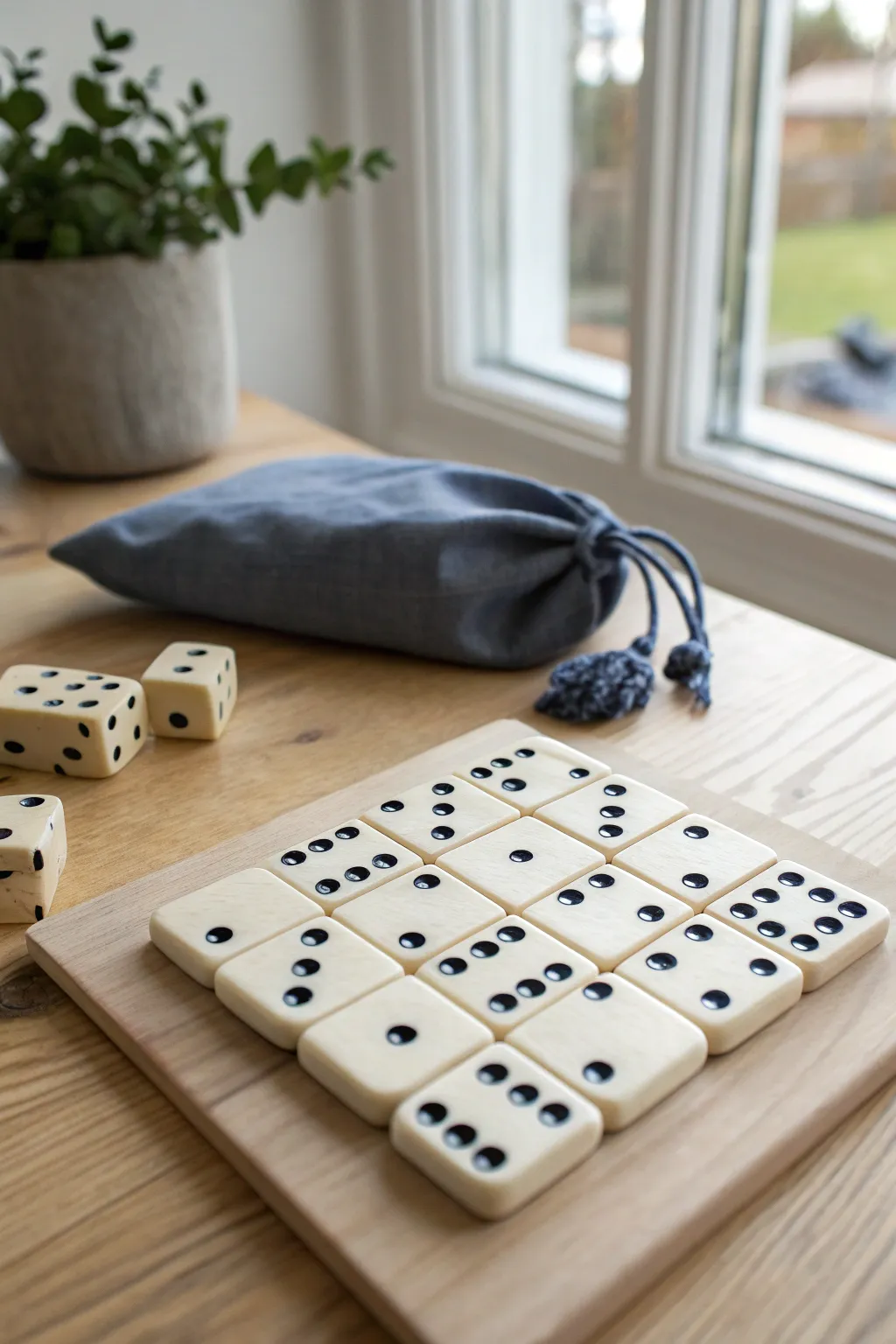 Handmade clay domino set with crisp black pips, styled minimal with an indigo pouch