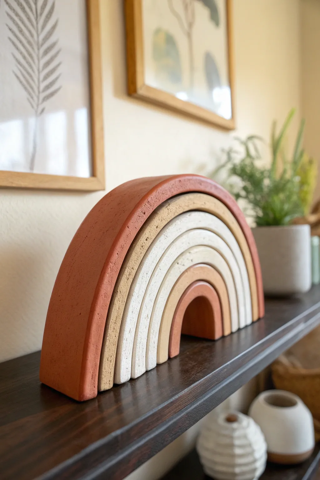 DIY clay rainbow arch decor in warm neutrals, a sweet boho gift for nursery or desk.
