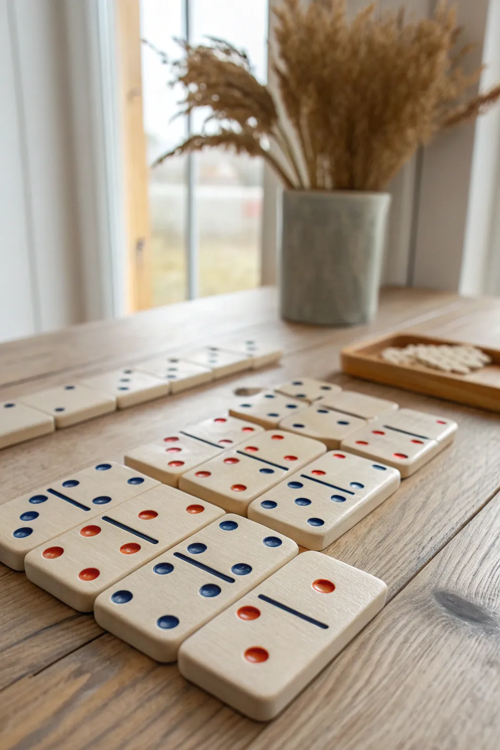 Handmade clay domino tiles in bold dots, neatly arranged for a cozy minimalist game night