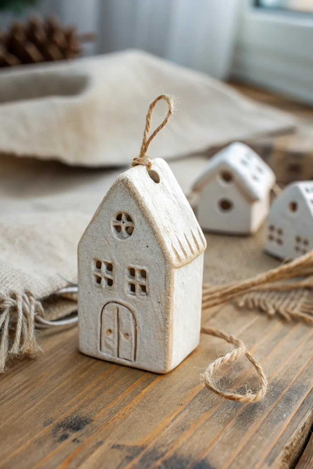 Cozy little clay house ornament with simple carved details, Scandinavian minimal village vibes.