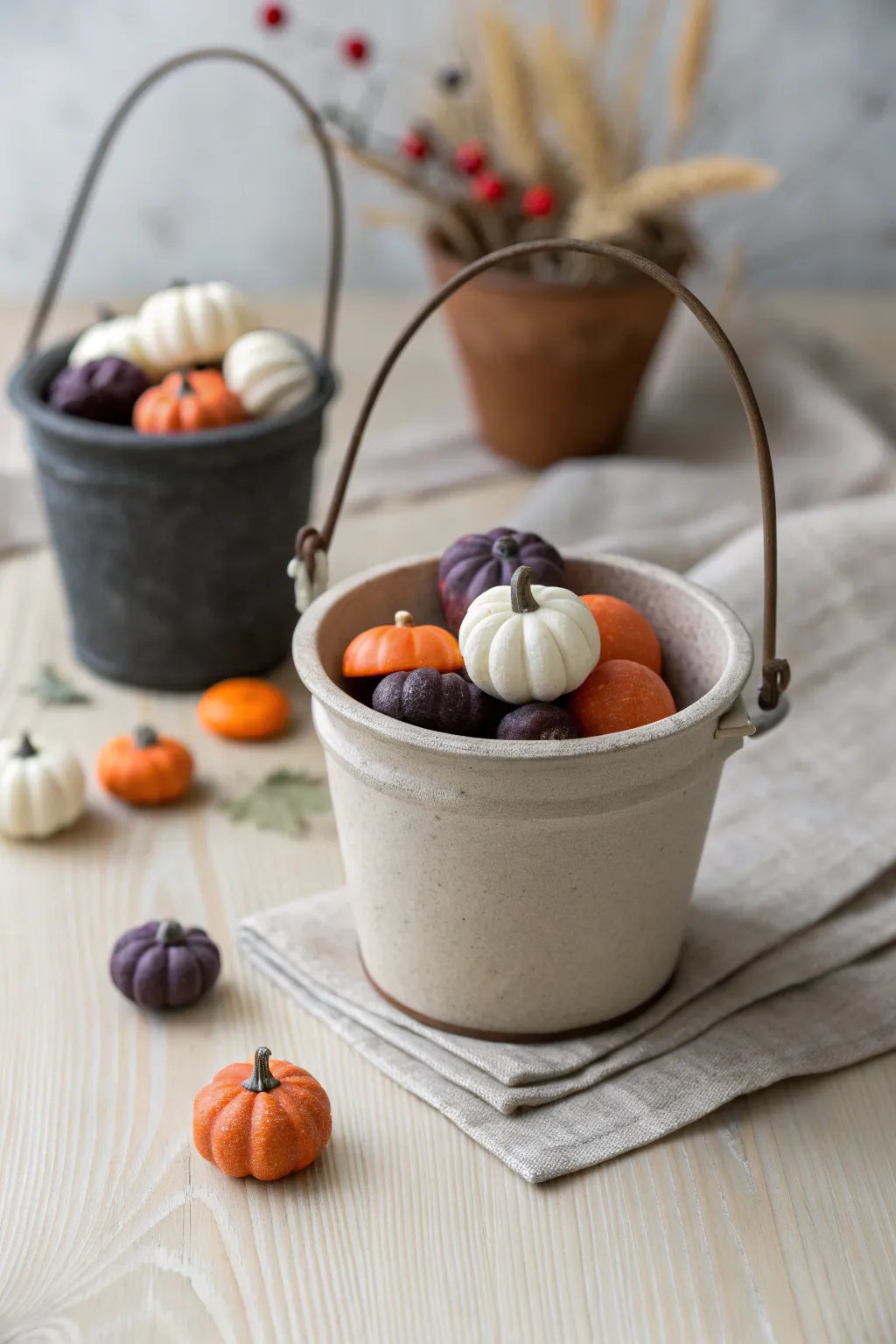 Mini clay trick or treat bucket filled with tiny Halloween candies, minimalist boho party favor vibe