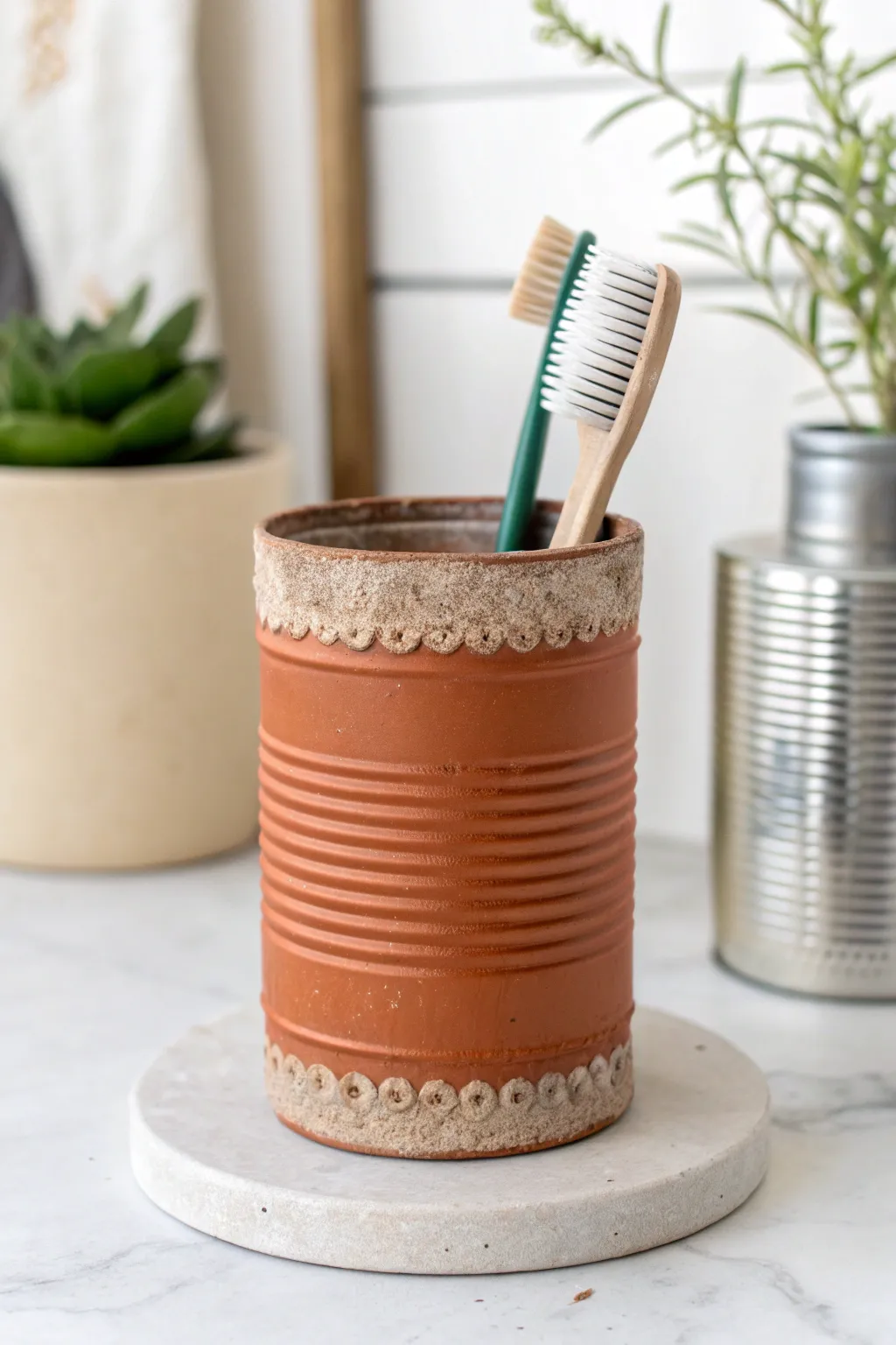 Rustic upcycled can toothbrush holder with a warm terracotta clay wrap and clean minimal styling.