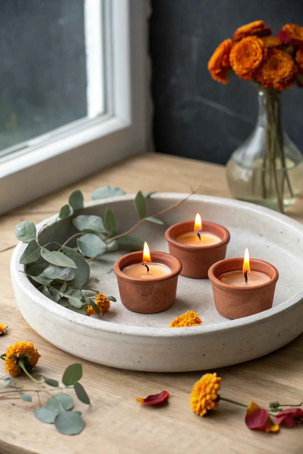 Simple diya tray styling with petals and green leaves for a warm, natural festive glow