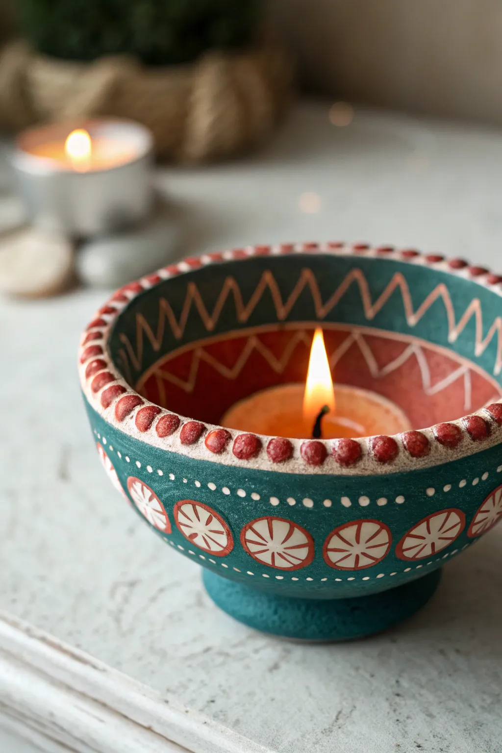 Raised 3D outliner dots and scallops make this bold, textured diya pop in minimalist style.