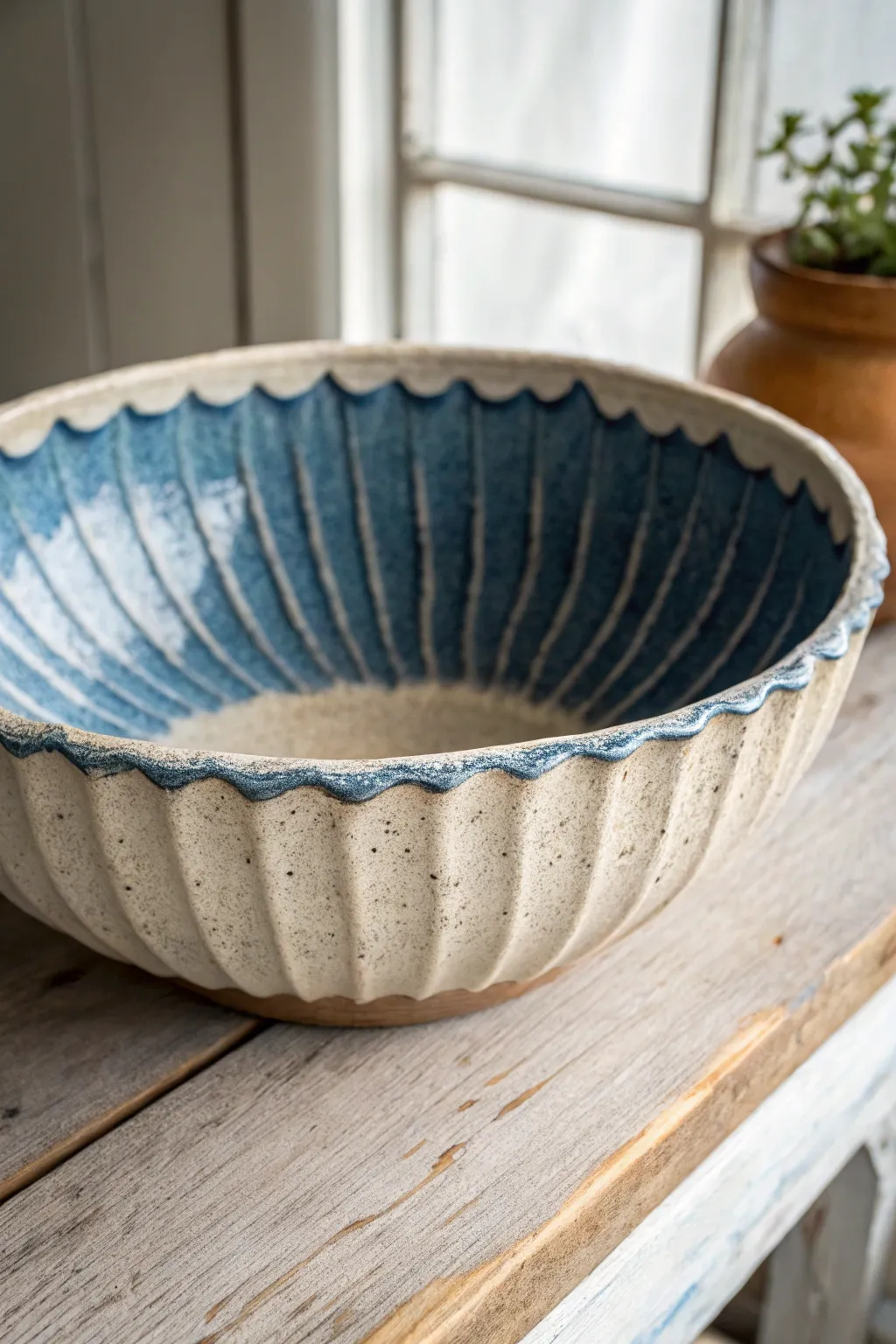Rippled slab-drape bowl with finger grooves and a breaking glaze that highlights every curve.