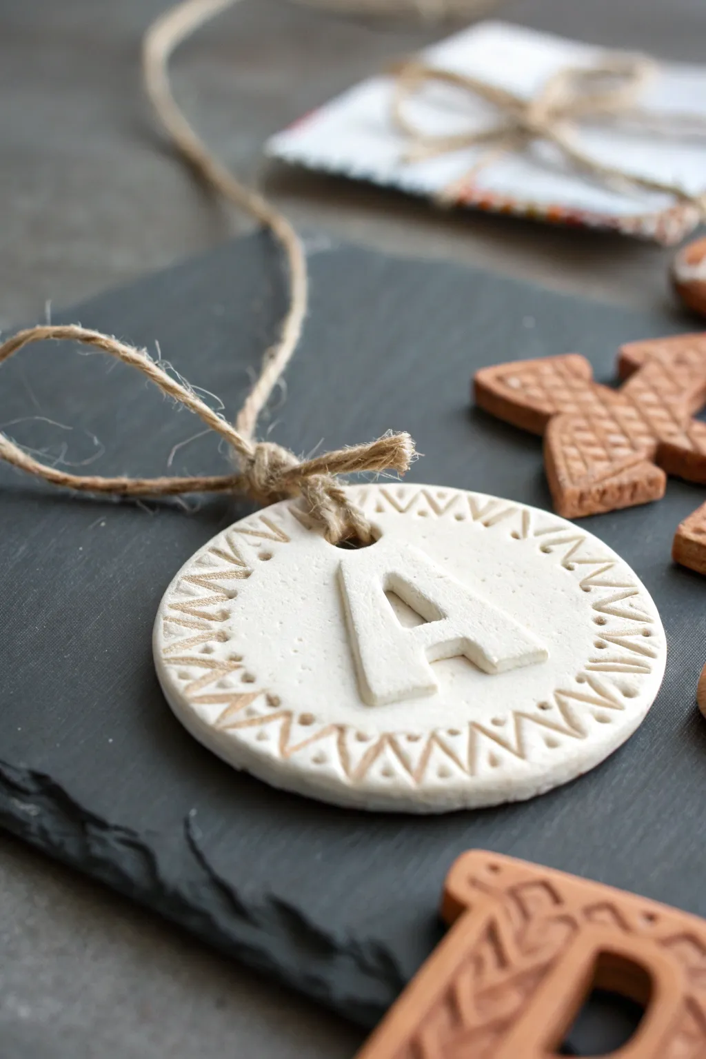 Air-dry clay alphabet ornaments in matte neutrals with twine, styled minimal with bold contrast.