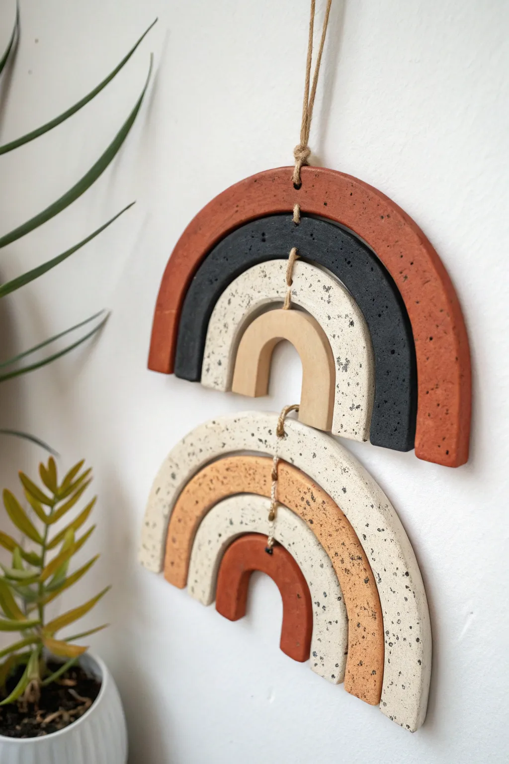 Beginner-friendly air-dry clay arch wall hanging with warm neutral color blocks and bold contrast