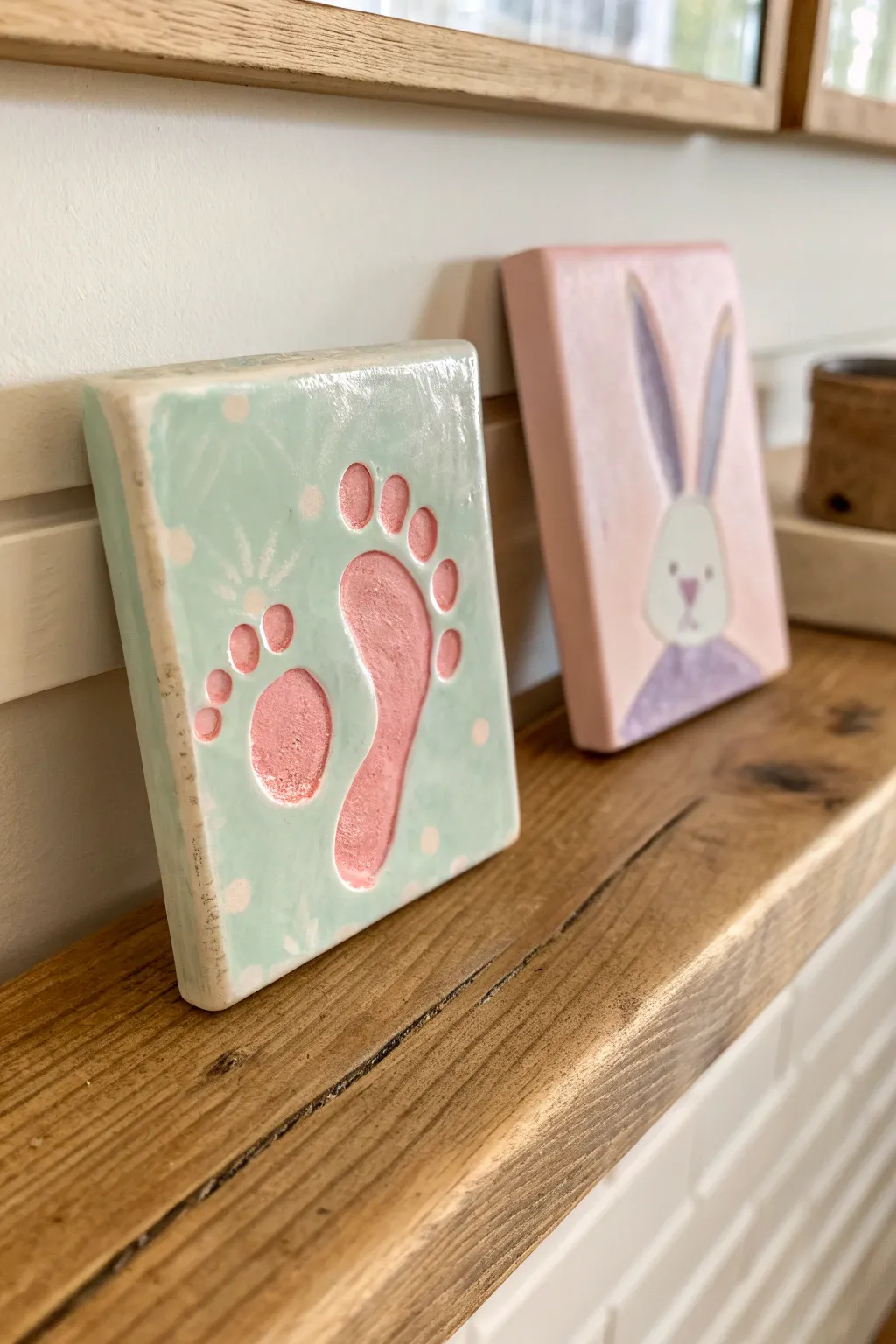 A sweet Easter bunny footprint tile keepsake in soft pastels with a bold modern pop