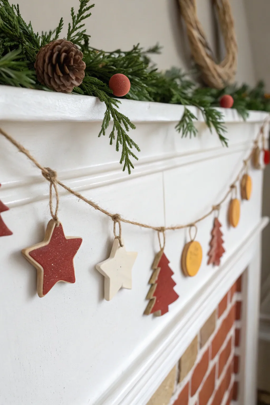 Air-dry clay ornament garland tiles in bold terracotta and forest green on a clean white mantel.