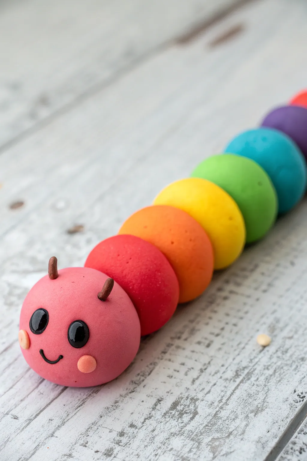 Rainbow mini-ball caterpillar: a sweet air-dry clay animal project with bold color and charm.