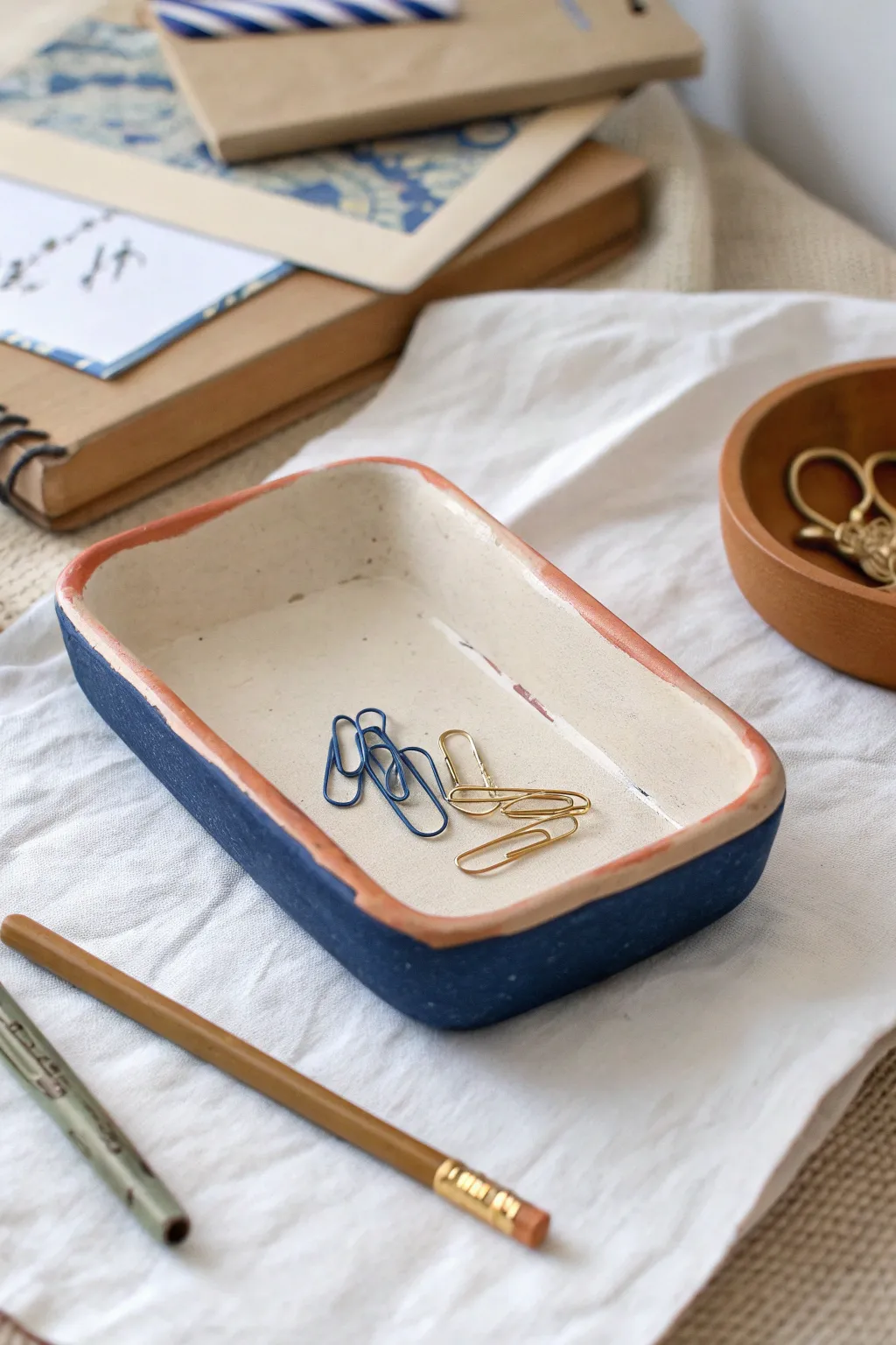 Beginner-friendly air dry clay catchall tray to tidy paper clips and pencils in style