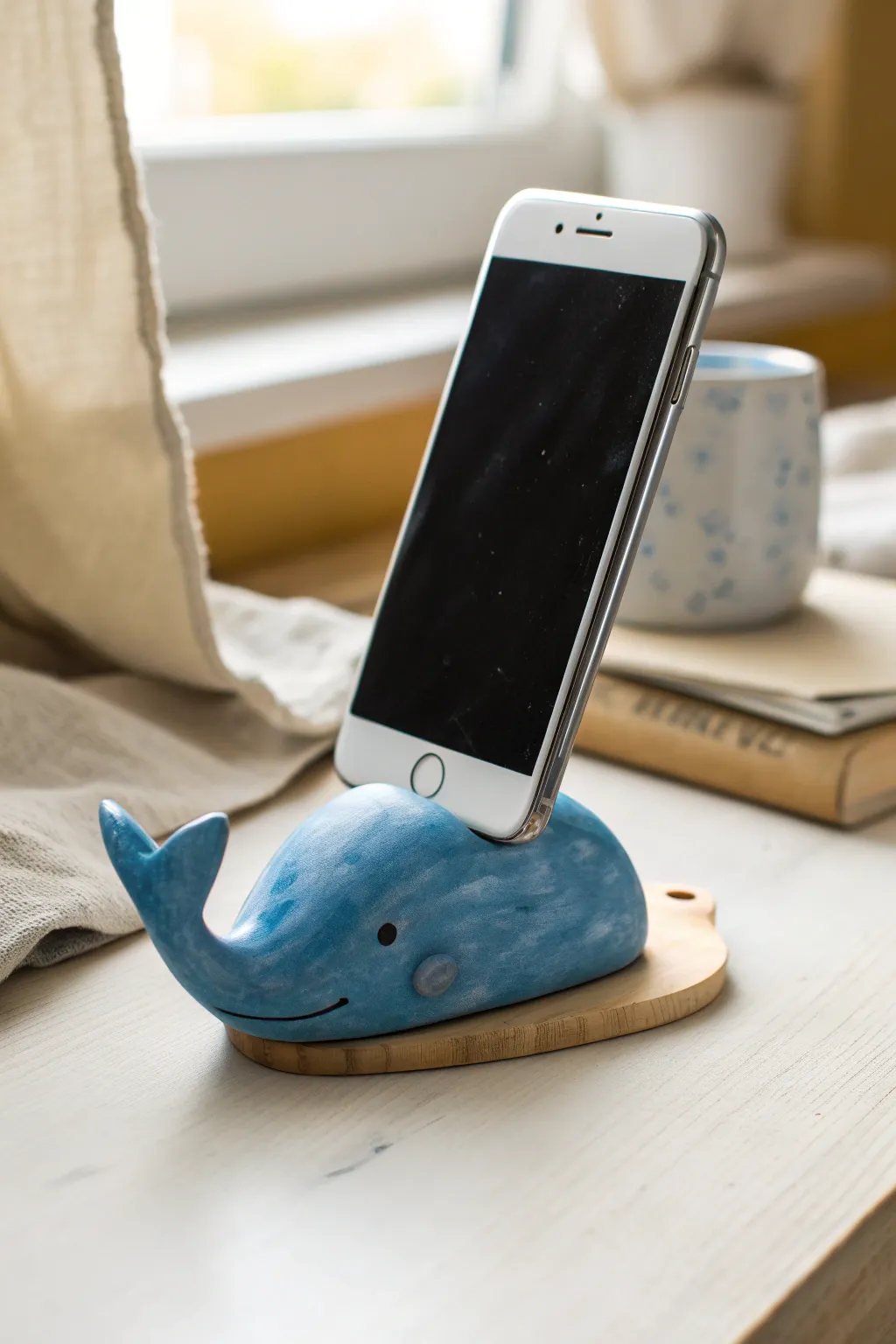 Blue whale phone holder in bold clay tones, minimal Scandinavian desk styling with a soft boho touch.