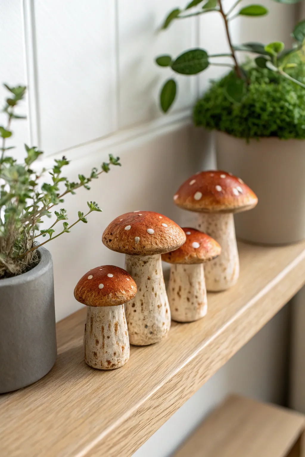 Cute mini clay mushrooms in earthy glazes, styled with a tiny plant for cozy autumn shelf decor.