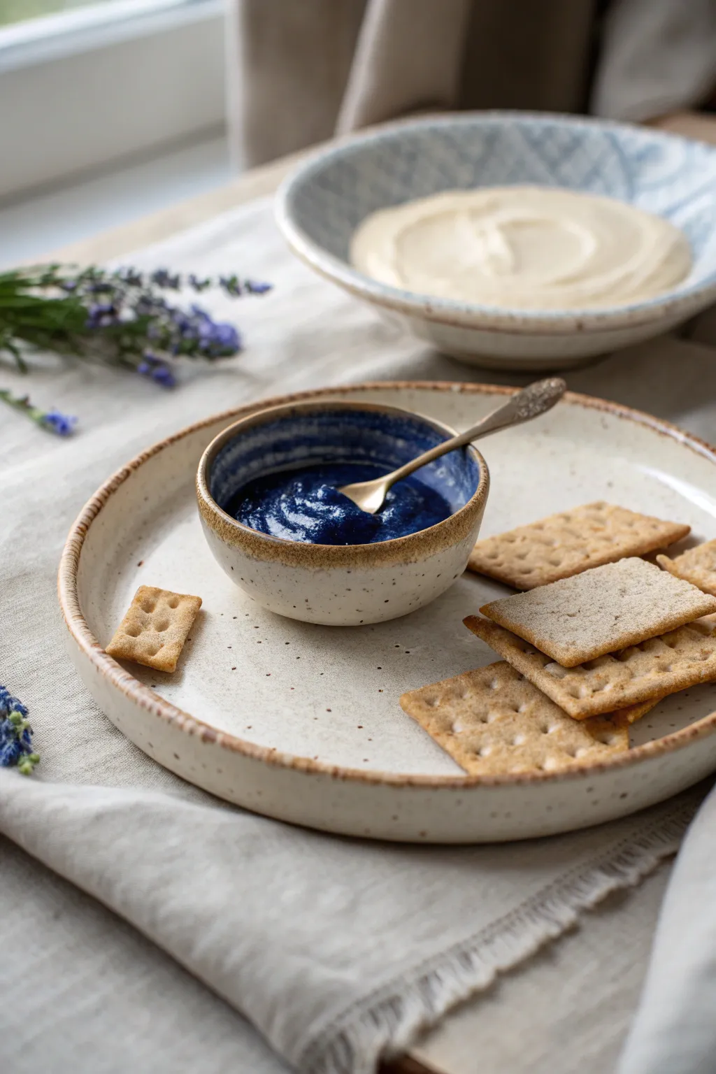 Easy DIY snack plate with a dip divot, bold blue glaze, crackers and creamy dip for a cozy vibe