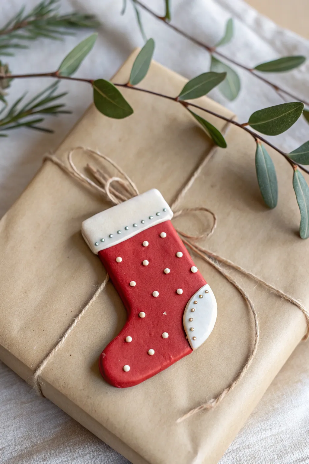 Red clay stocking ornament with crisp white cuff, simple dots, styled on gifts in soft winter light.
