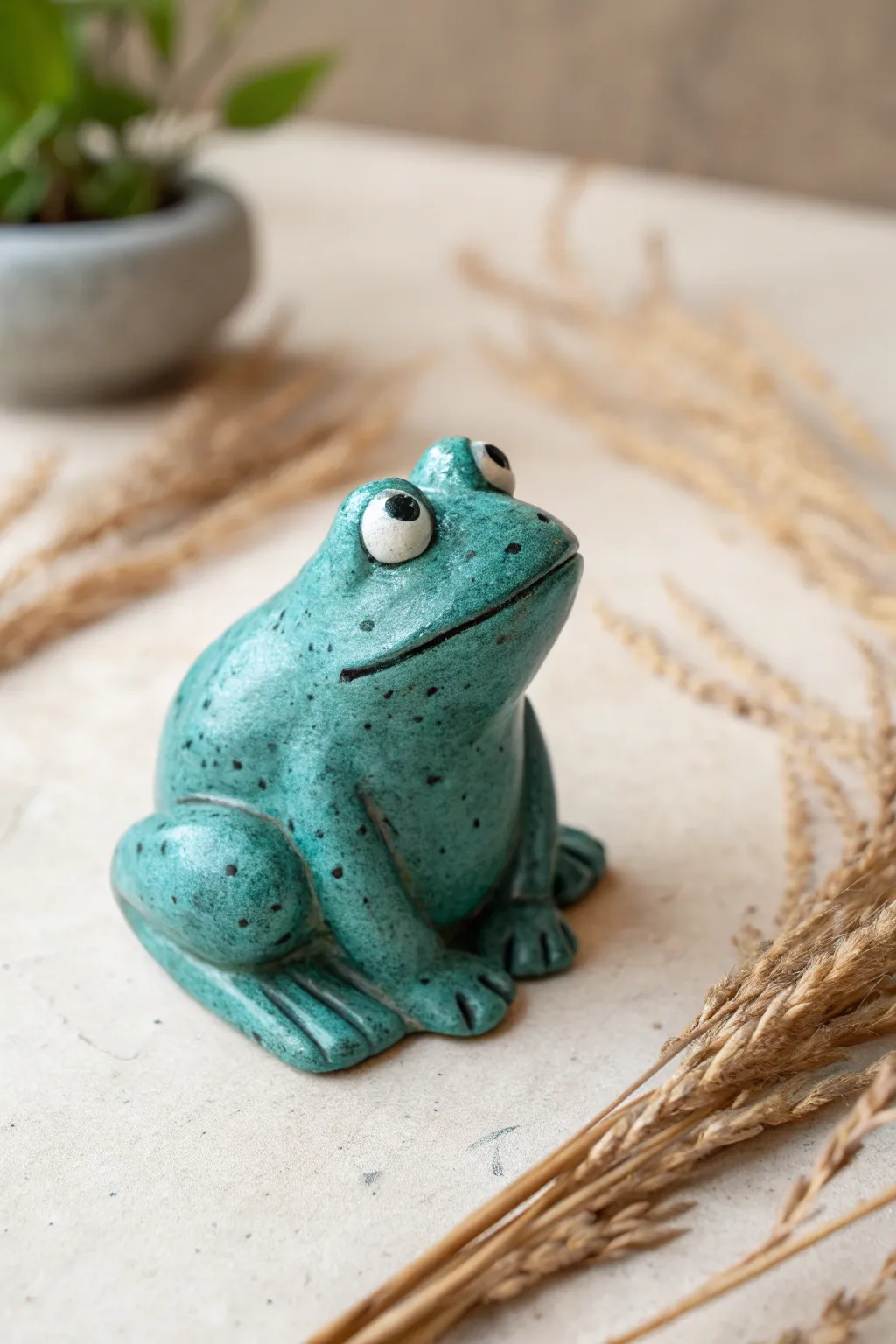 Squat clay frog with toe balls: a cute beginner-friendly animal for your next pottery session.